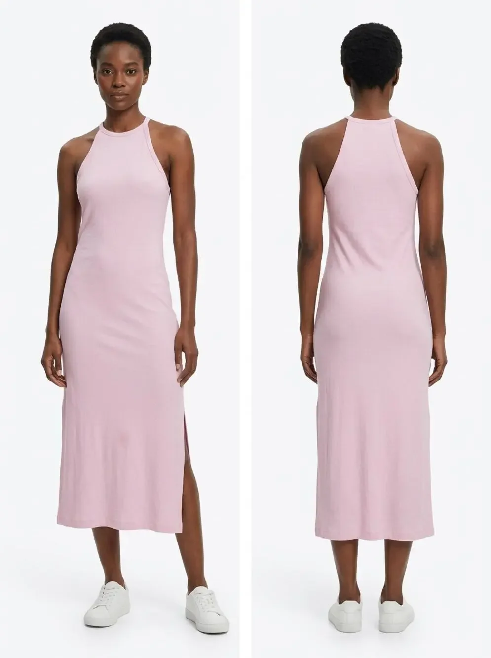 Zara Pink Ribbed Knit Halter Neck Side Slit Midi Dress Women Size S